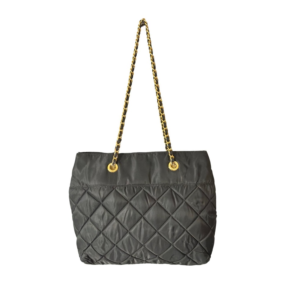 Neiman Marcus Quilted Nylon Tote Bag Black Gold Chain Strap Shoulder Bag Medium